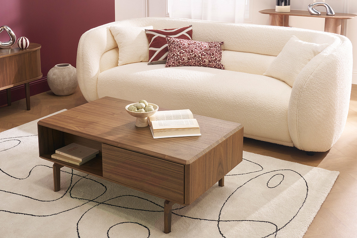 Table basse rectangulaire avec rangements 2 tiroirs bois fonc� noyer L100 cm SUVA