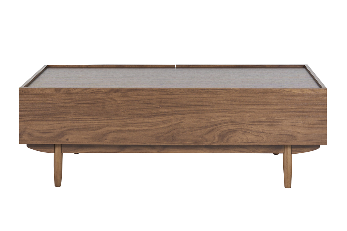 Table basse rectangulaire bois noyer vue de dos, pieds arrondis.