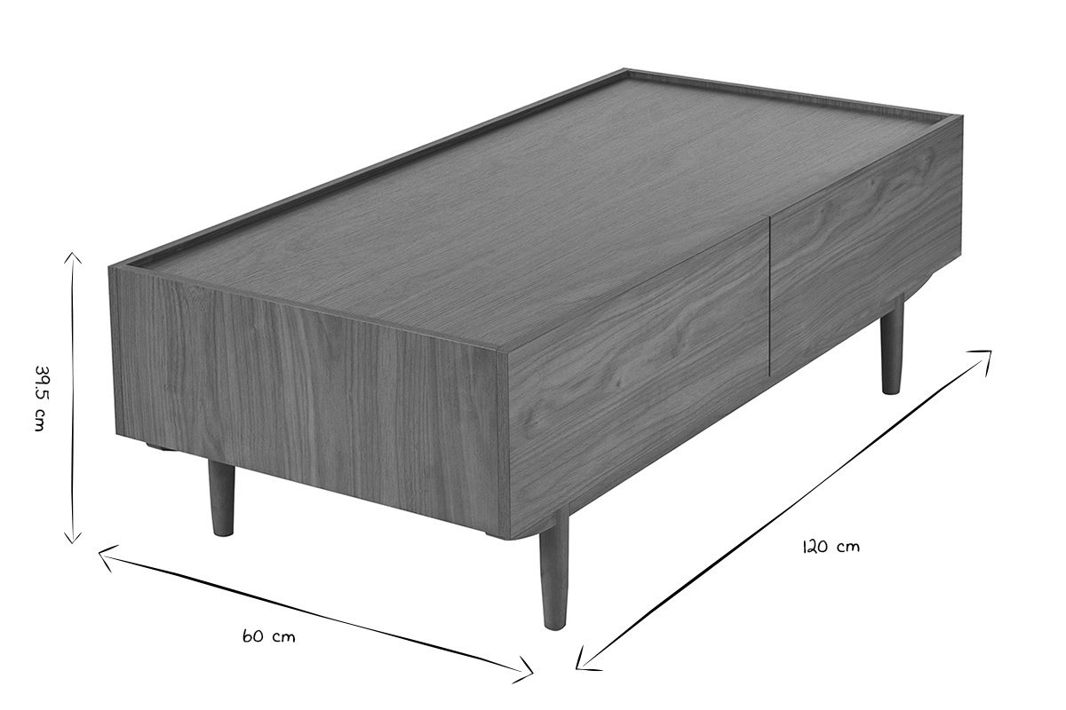 Table basse rectangulaire avec rangements 2 tiroirs finition bois fonc� noyer L120 cm SANAA