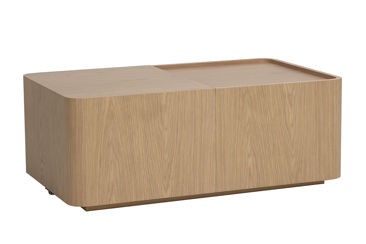 Table basse rectangulaire en bois clair ch�ne avec rangement, vue de 3/4