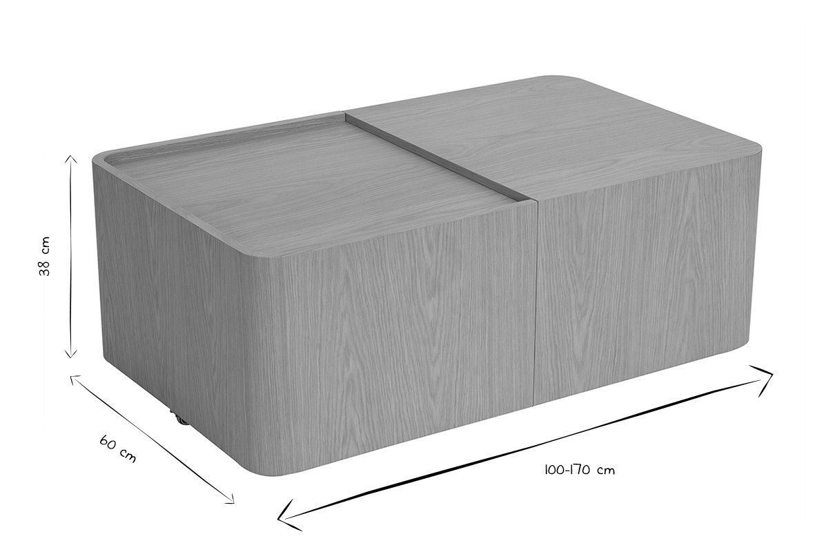 Dimensions de la table basse BELLY en noir et blanc : L100-170 x P60 x H38 cm.