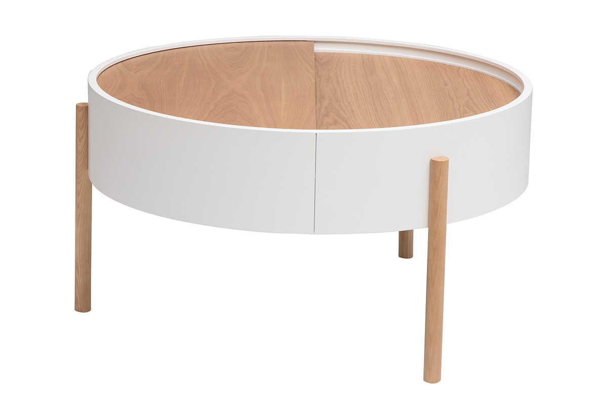 Table basse ronde blanche et bois avec plateau pivotant, trois pieds.