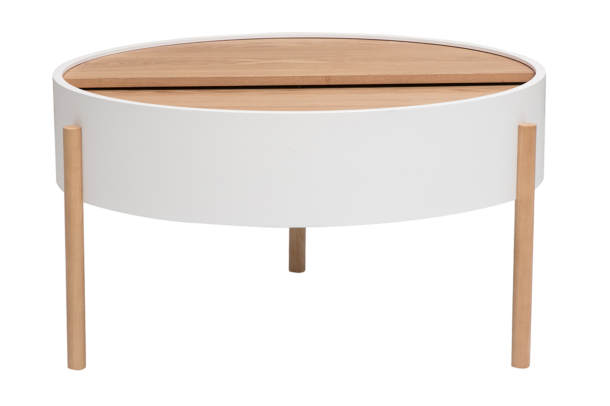 Table basse ronde blanche et bois, plateau pivotant, pieds en bois.