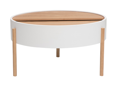 Table basse ronde blanche et bois clair fr&ecirc;ne avec plateau pivotant et rangement D80 cm YOLINE