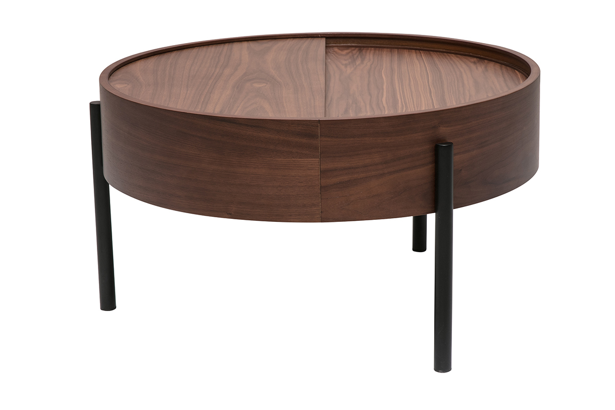 Table basse ronde en bois fonc� noyer avec pieds en m�tal noir, vue de profil.
