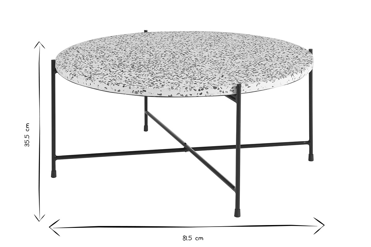 Dimensions de la table basse ronde en terrazzo et m�tal noir, D81.5 cm, H35.5 cm.