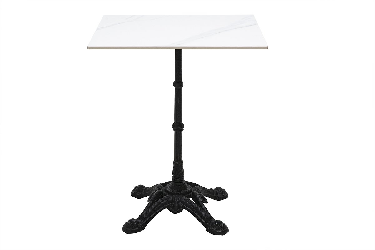 Table bistrot carr�e en marbre avec pied central en m�tal noir, vue de face.