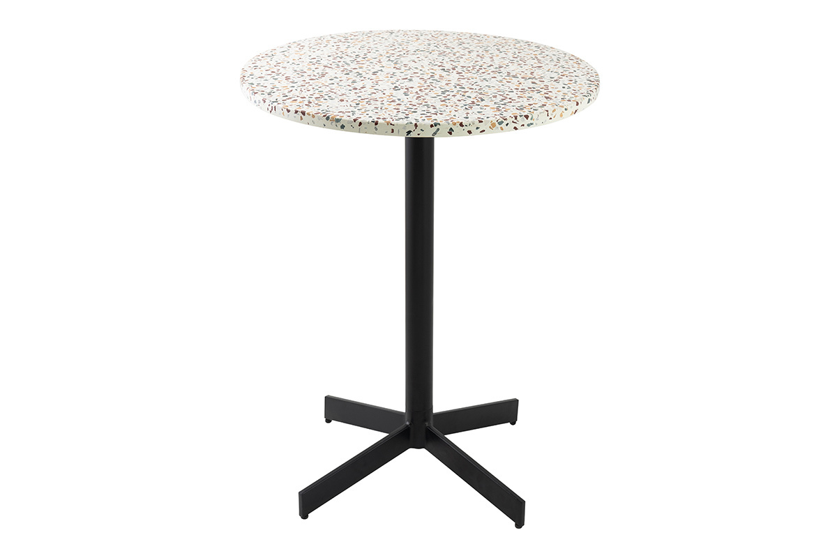 Table ronde en terrazzo sur pied en m�tal noir, vue de face.