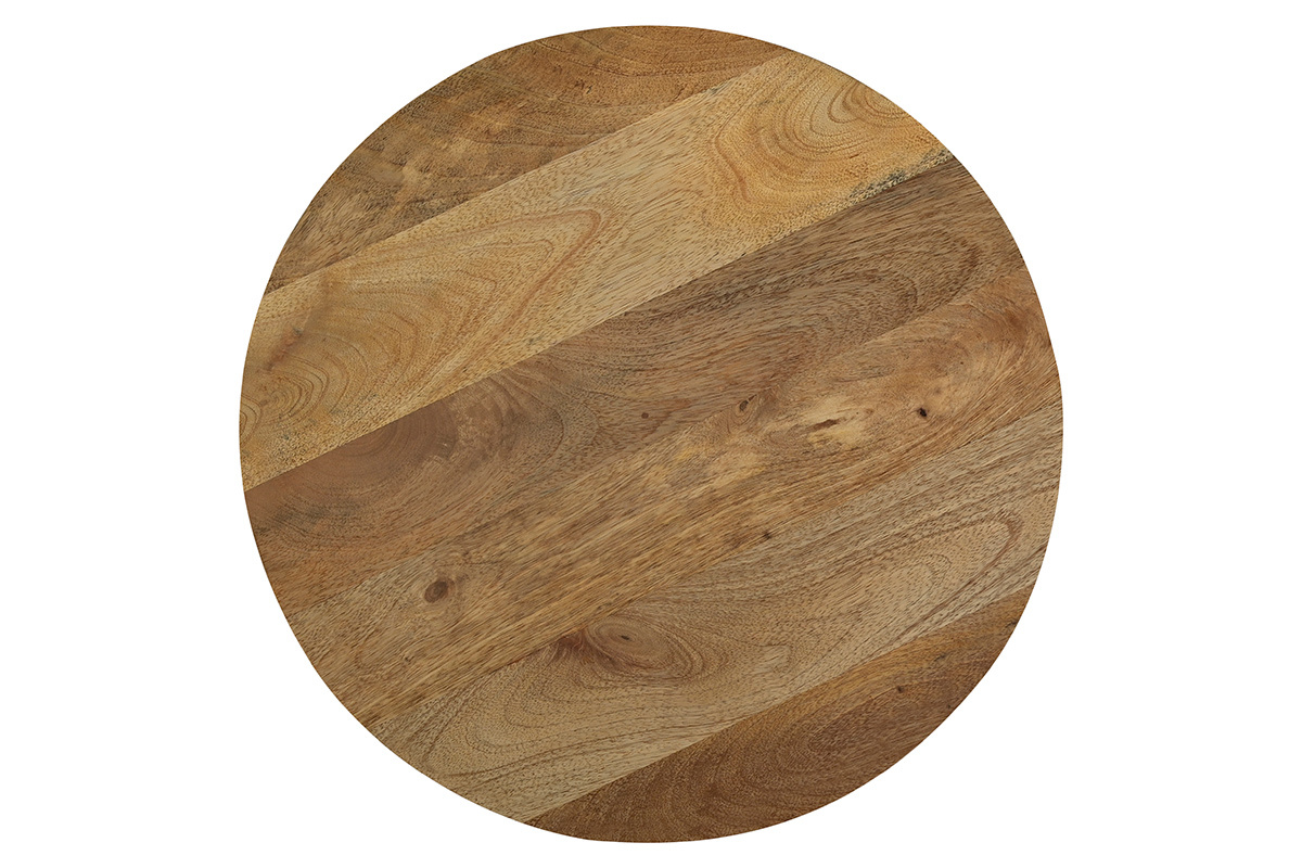 Plateau rond en bois de manguier massif de la table d'appoint VERONA, vue de dessus.