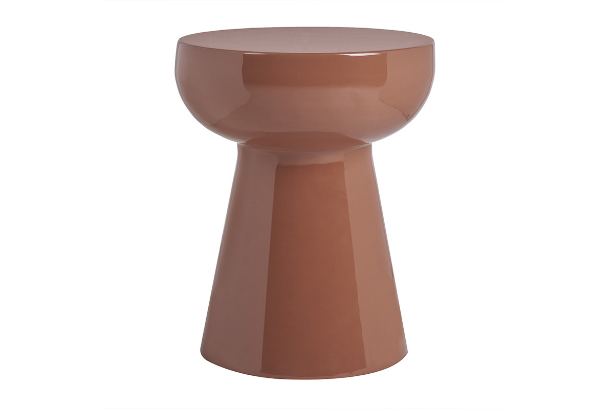 Table d'appoint ronde en m�tal �maill� terracotta vue de face.