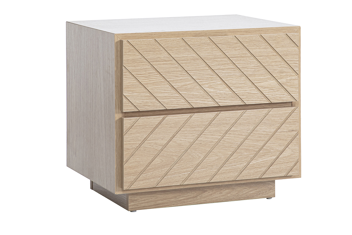 Table de chevet en bois ch�ne avec 2 tiroirs, vue de trois quarts.