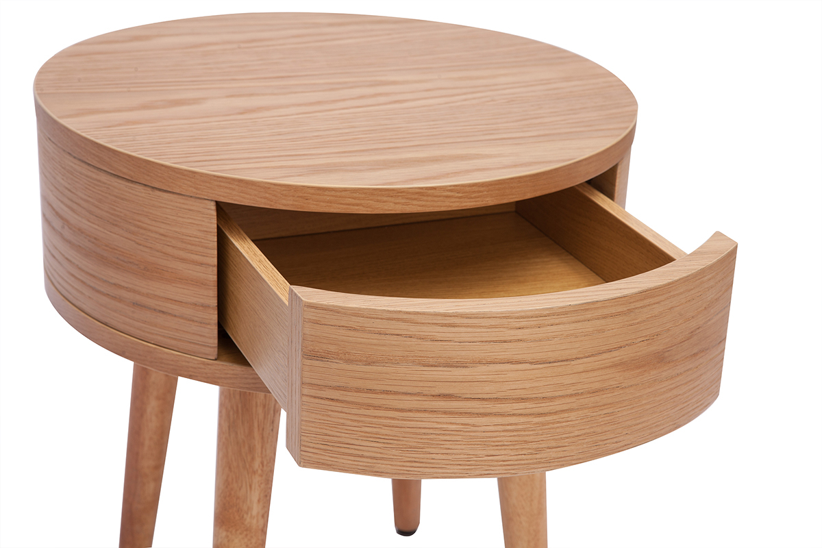 Table de chevet ronde en bois clair avec tiroir JUDITH