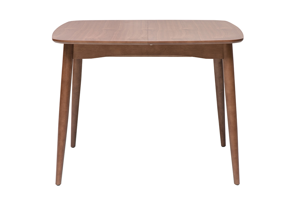 Table � manger carr�e en bois fonc� noyer, vue de face, pieds en h�v�a massif.