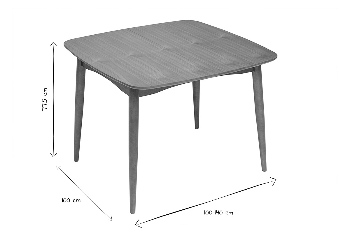 Table carr�e extensible en bois, vue perspective, dimensions 100-140 cm de longueur, 77,5 cm de hauteur.