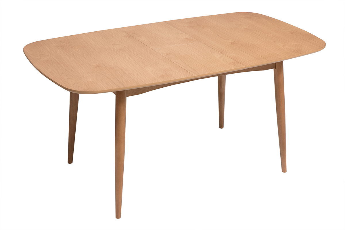 Table � manger extensible en bois clair, vue de 3/4.