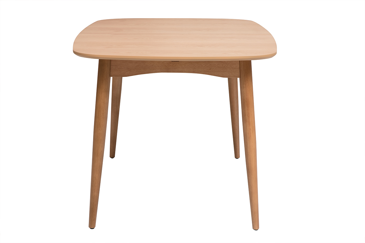 Table � manger rectangulaire extensible en bois clair, vue de profil.