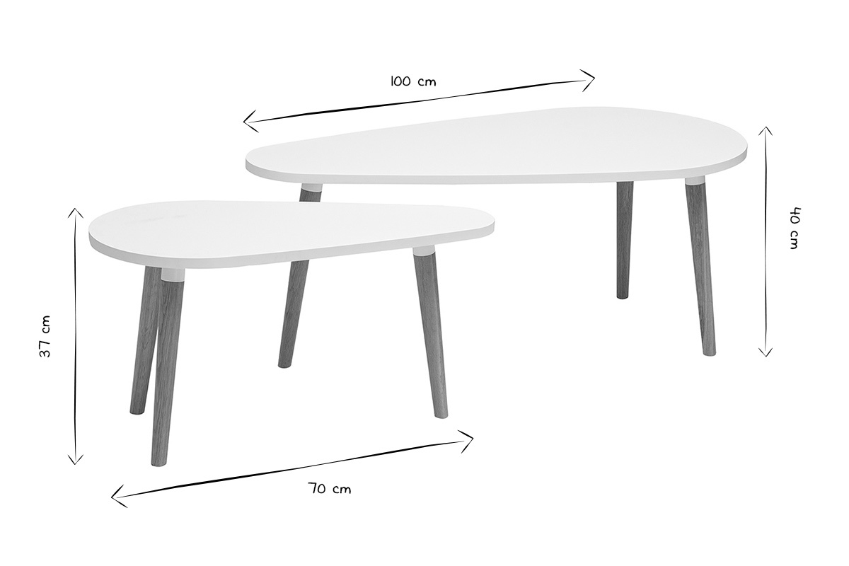 Dimensions des tables basses gigognes ARTIK en noir et blanc, 100x40 cm et 70x37 cm.