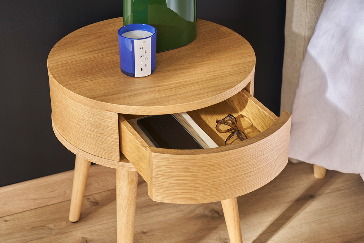 Tables de chevet rondes en bois clair avec tiroir (lot de 2) JUDITH