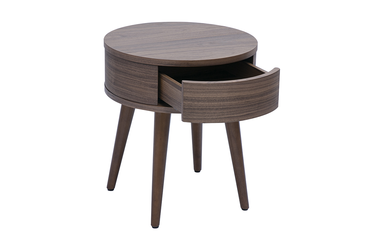 Table de chevet ronde en bois fonc� avec tiroir ouvert, vue de 3/4.