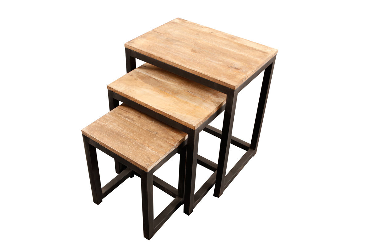 Tables gigognes industrielles m�tal et orme massif (lot de 3) FACTORY