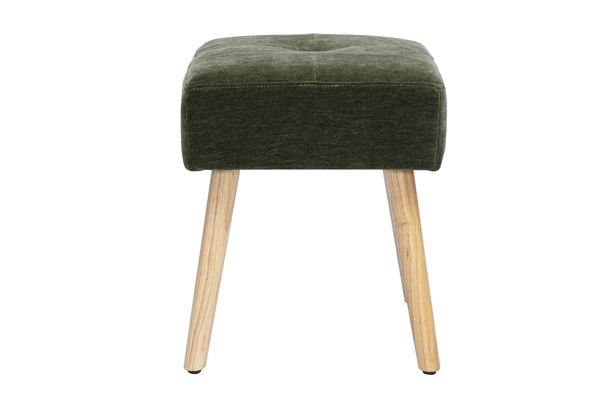 Tabouret bas en tissu vert kaki et bois clair vu de profil