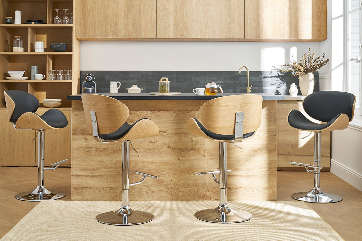 Tabouret de bar design noir et bois clair WALNUT