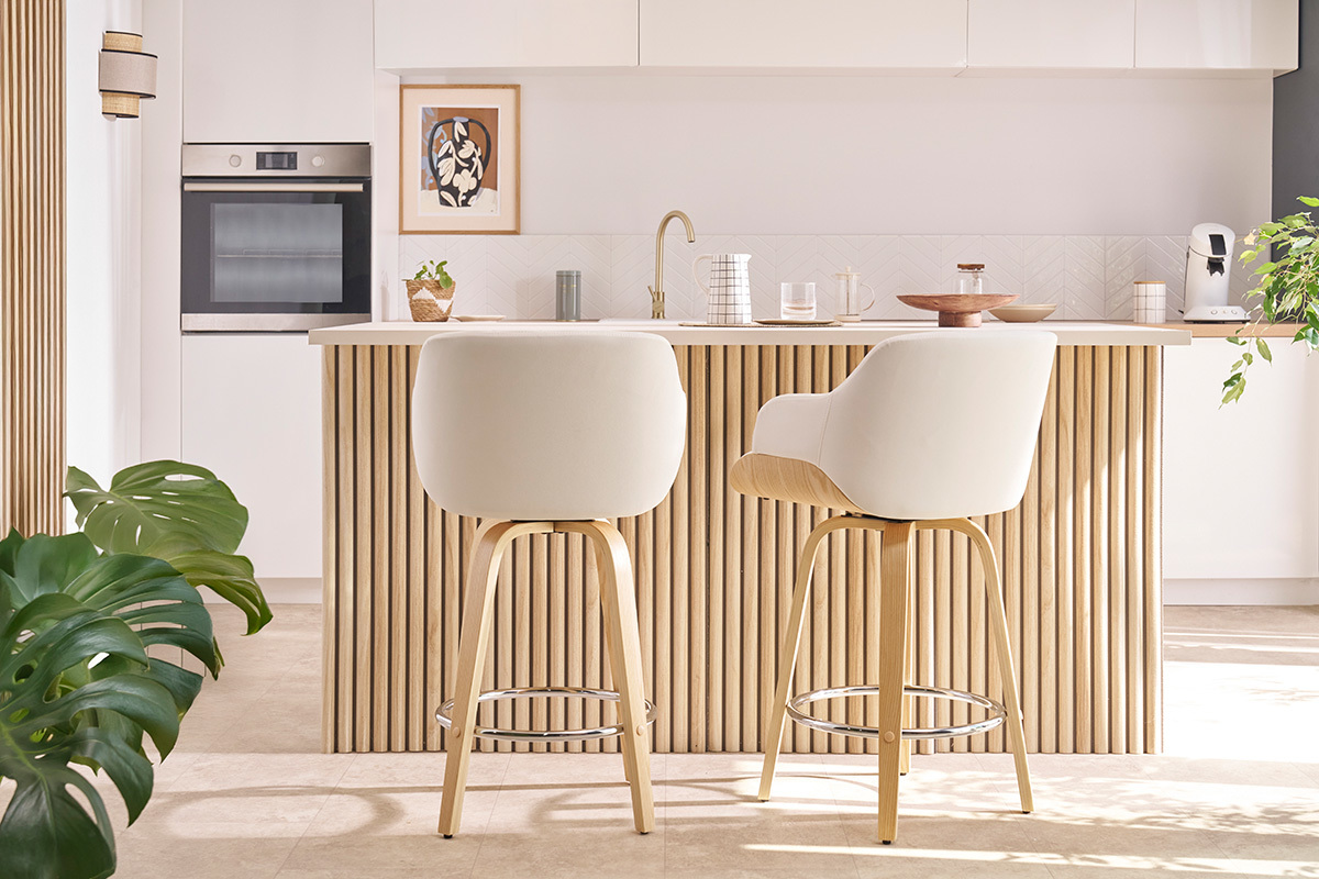Tabouret de bar design pivotant 360� blanc et bois clair H65 cm LUCIEN