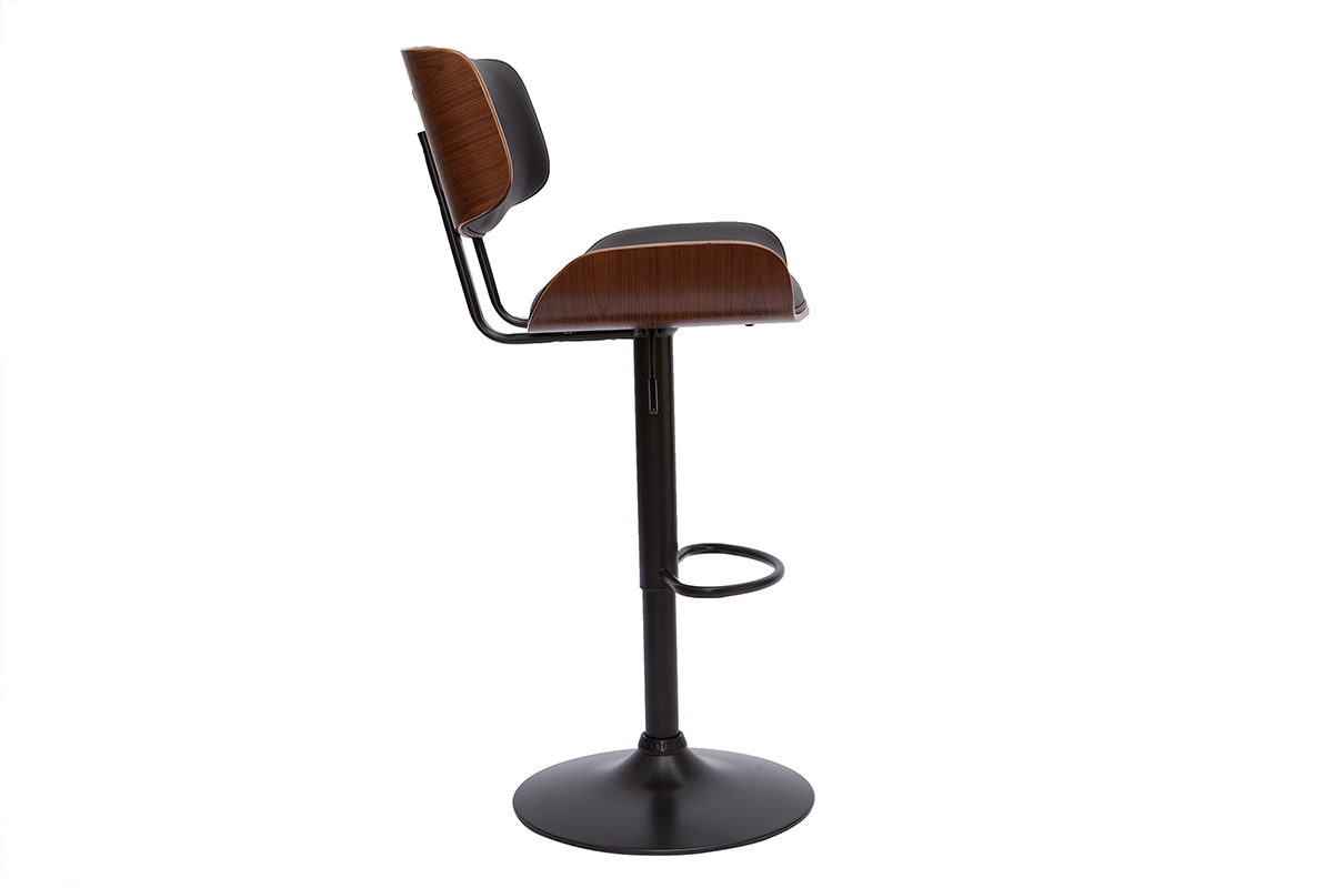 Tabouret de bar design r�glable pivotant 360� noir et bois fonc� BASILE