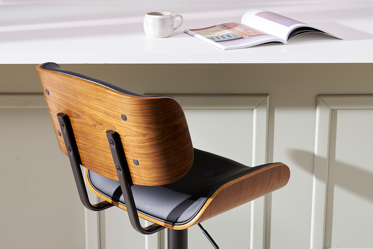 Tabouret de bar design r�glable pivotant 360� noir et bois fonc� BASILE