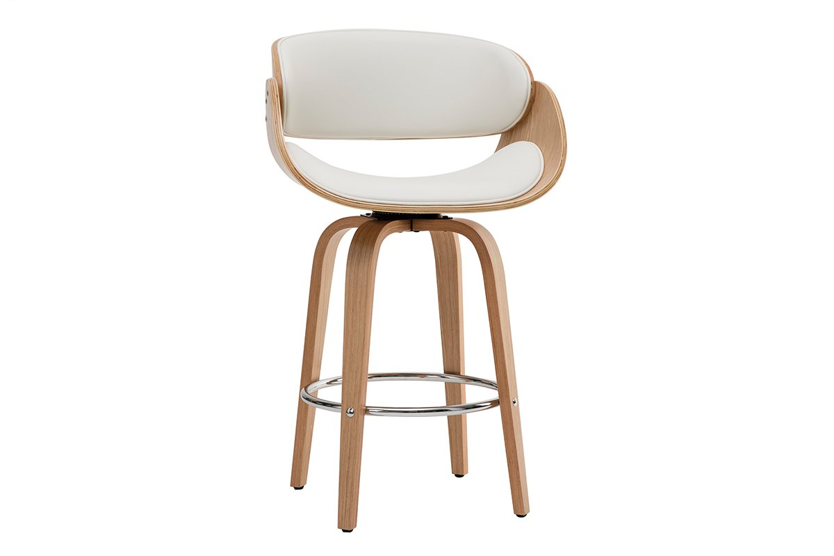 Tabouret de bar pivotant blanc et bois clair avec repose-pied chrom�, vue de 3/4.