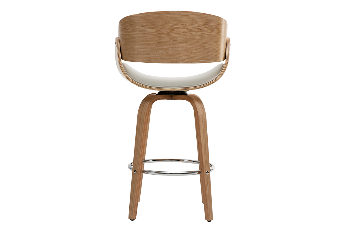 Tabouret de bar BENT, vue arri�re, bois clair et si�ge blanc, pieds en bois avec repose-pied chrom�.
