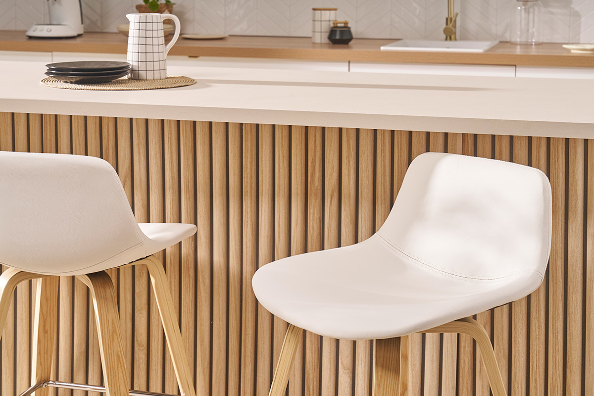 Tabourets de bar design blanc et bois clair H65 cm (lot de 2) NONIE