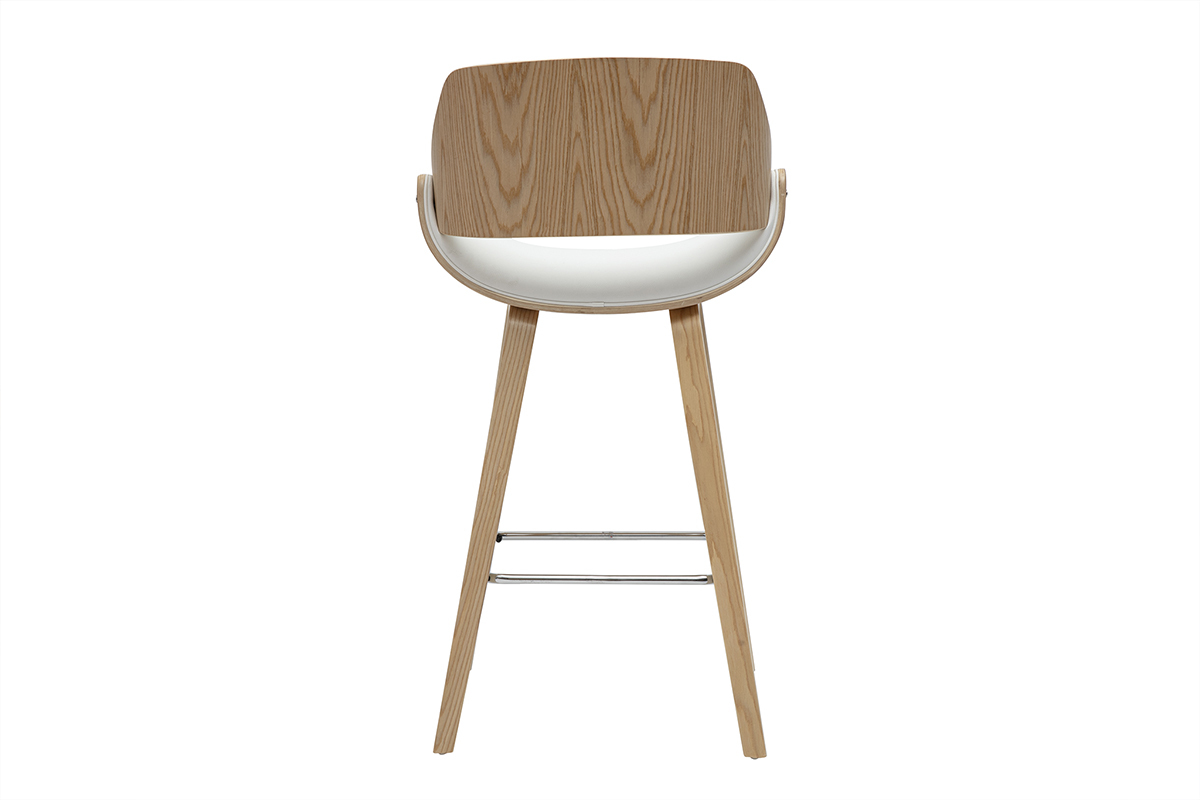 Tabouret de bar blanc et bois pivotant vue de dos.