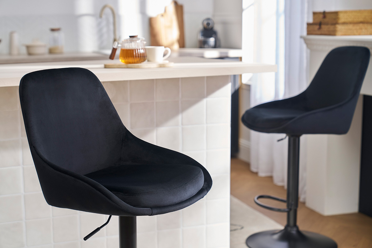 Tabourets de bar design r�glables en tissu velours noir et m�tal noir 360� (lot de 2) HOLO