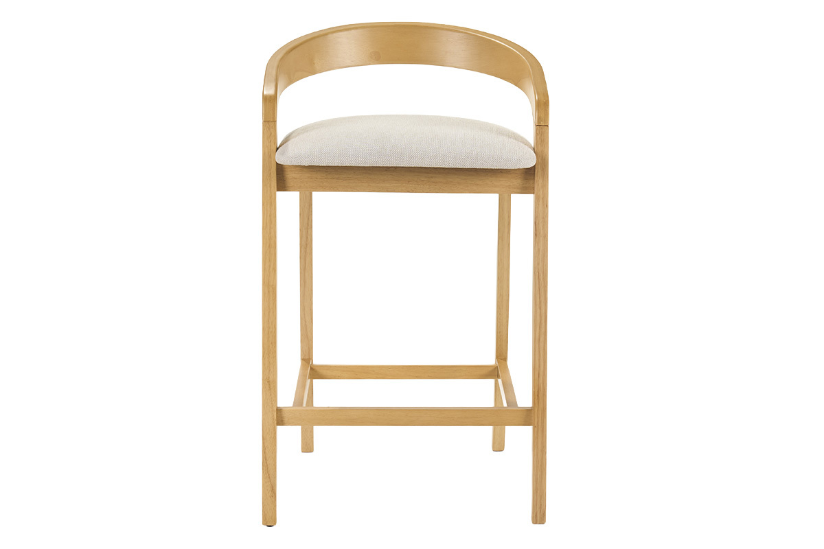 Tabouret de bar en bois clair avec assise beige, vue de face.