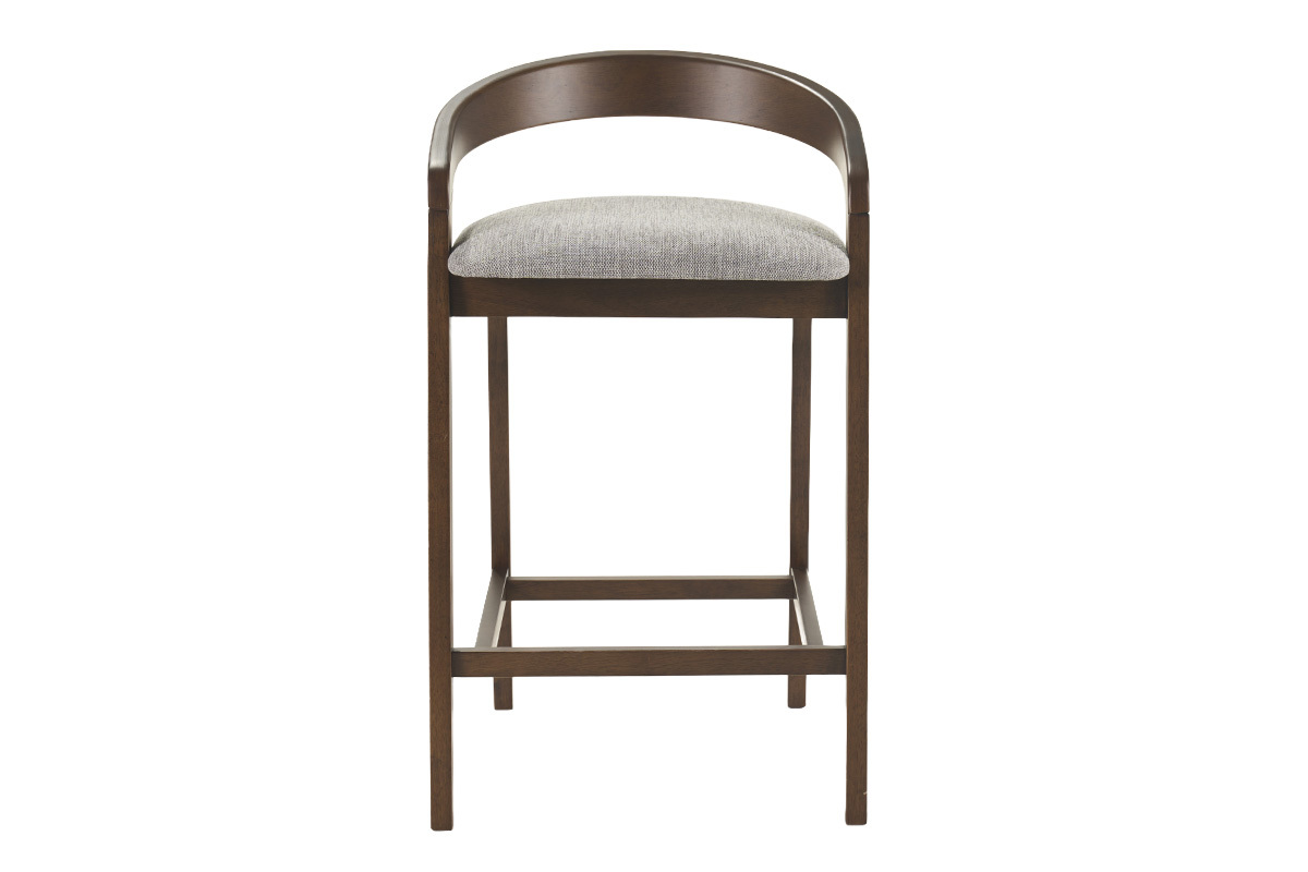 Tabouret de bar PULSO en bois fonc� et tissu gris, vue de face.