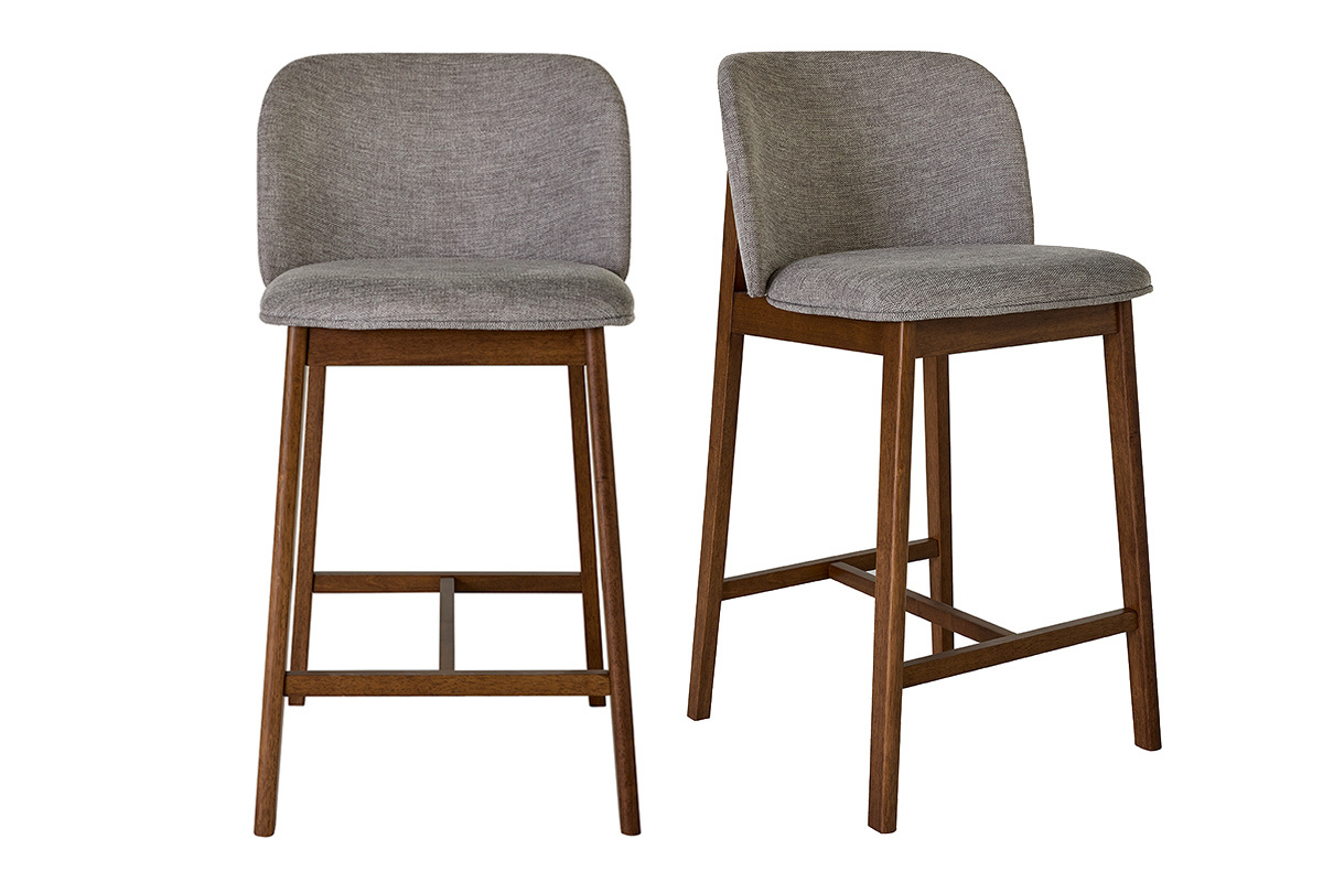 Tabourets de bar en tissu effet velours textur� gris et bois fonc� H69 cm (lot de 2) TIEGA