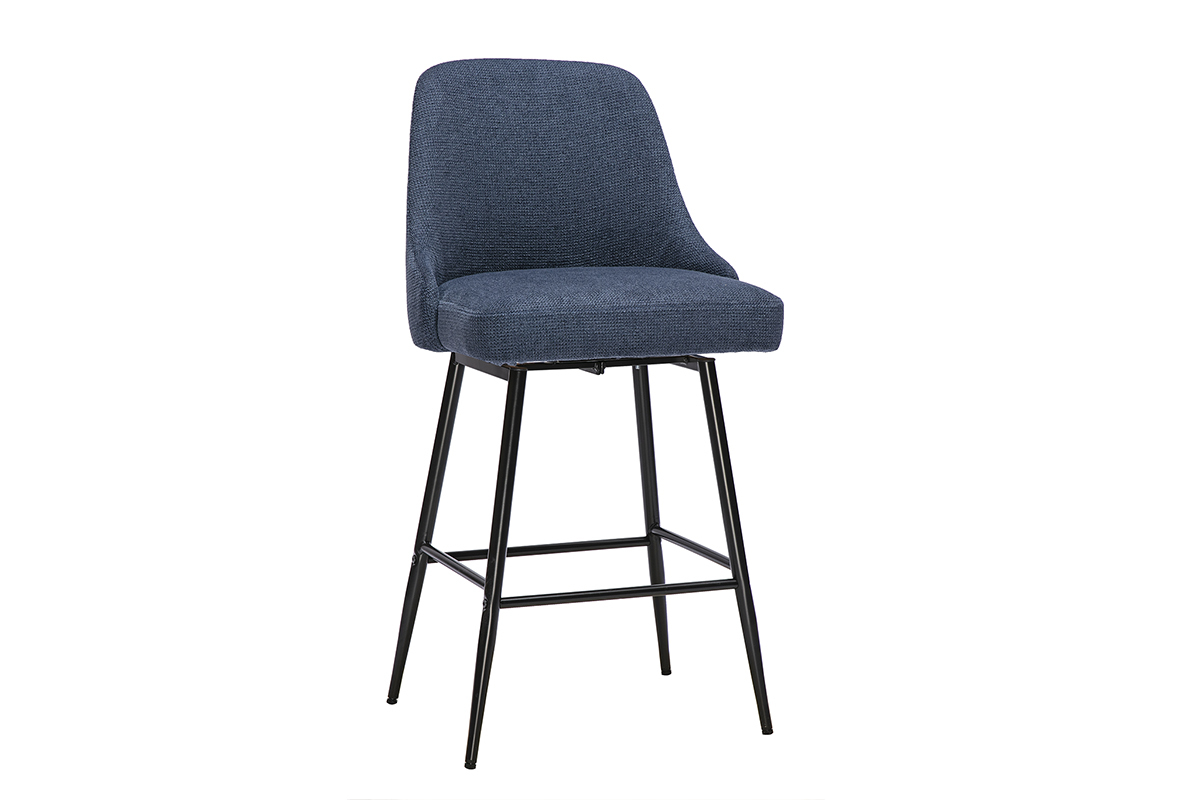 Tabouret de bar pivotant en tissu chenille bleu fonc� et m�tal, vue de 3/4