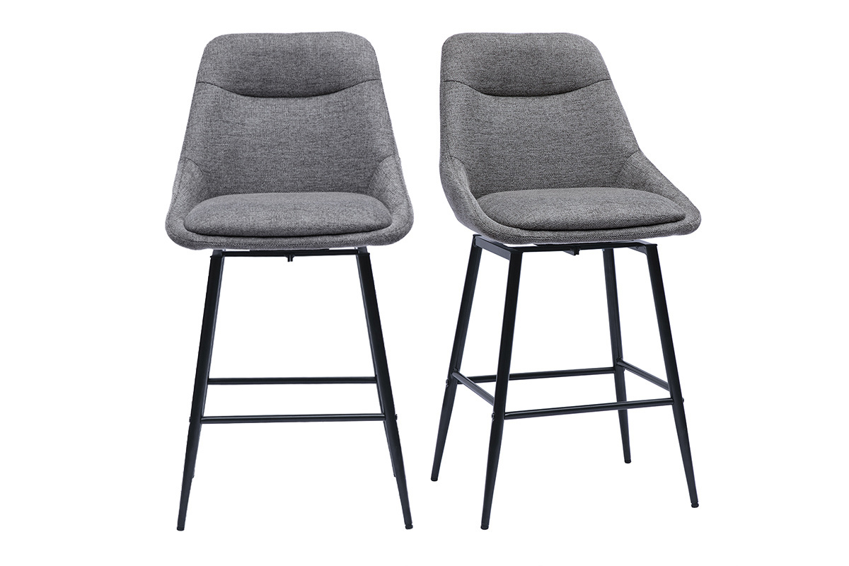 Deux tabourets de bar gris en tissu effet velours et m�tal, vue de face.