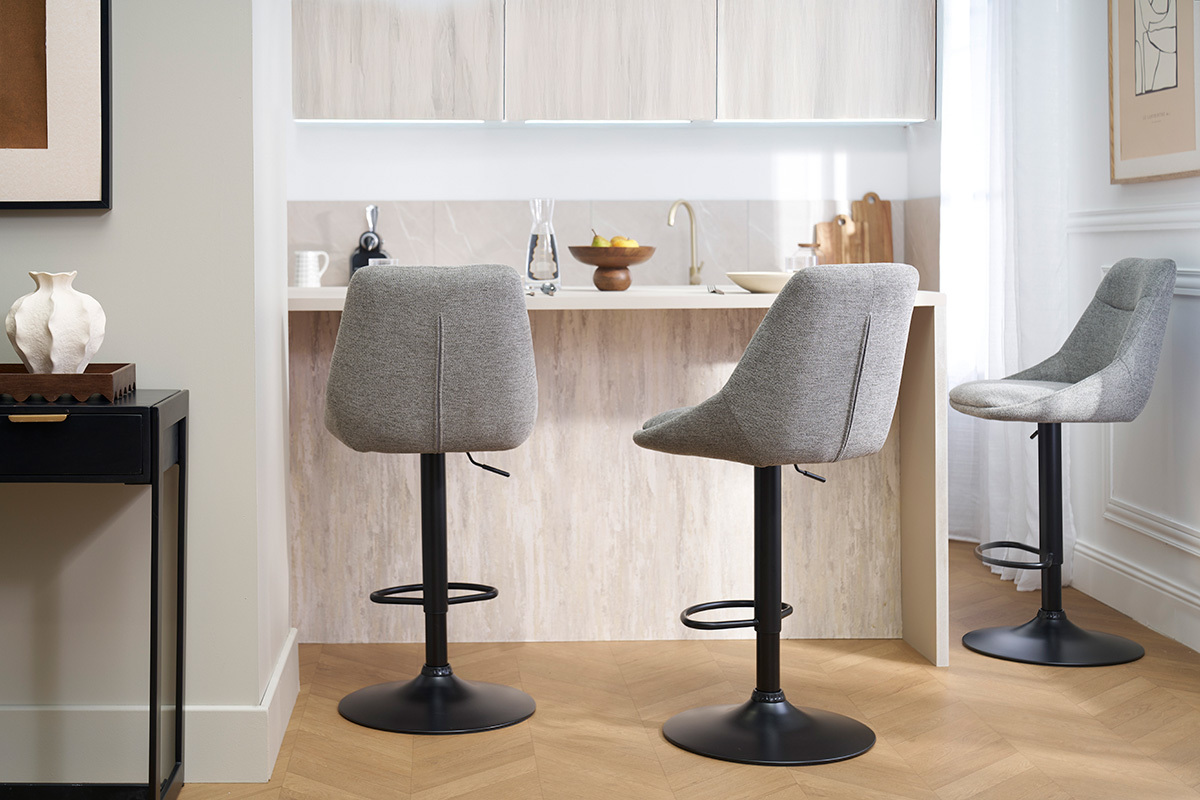 Tabourets de bar r�glables pivotants 360� en tissu effet velours textur� gris et m�tal (lot de 2) ALESS