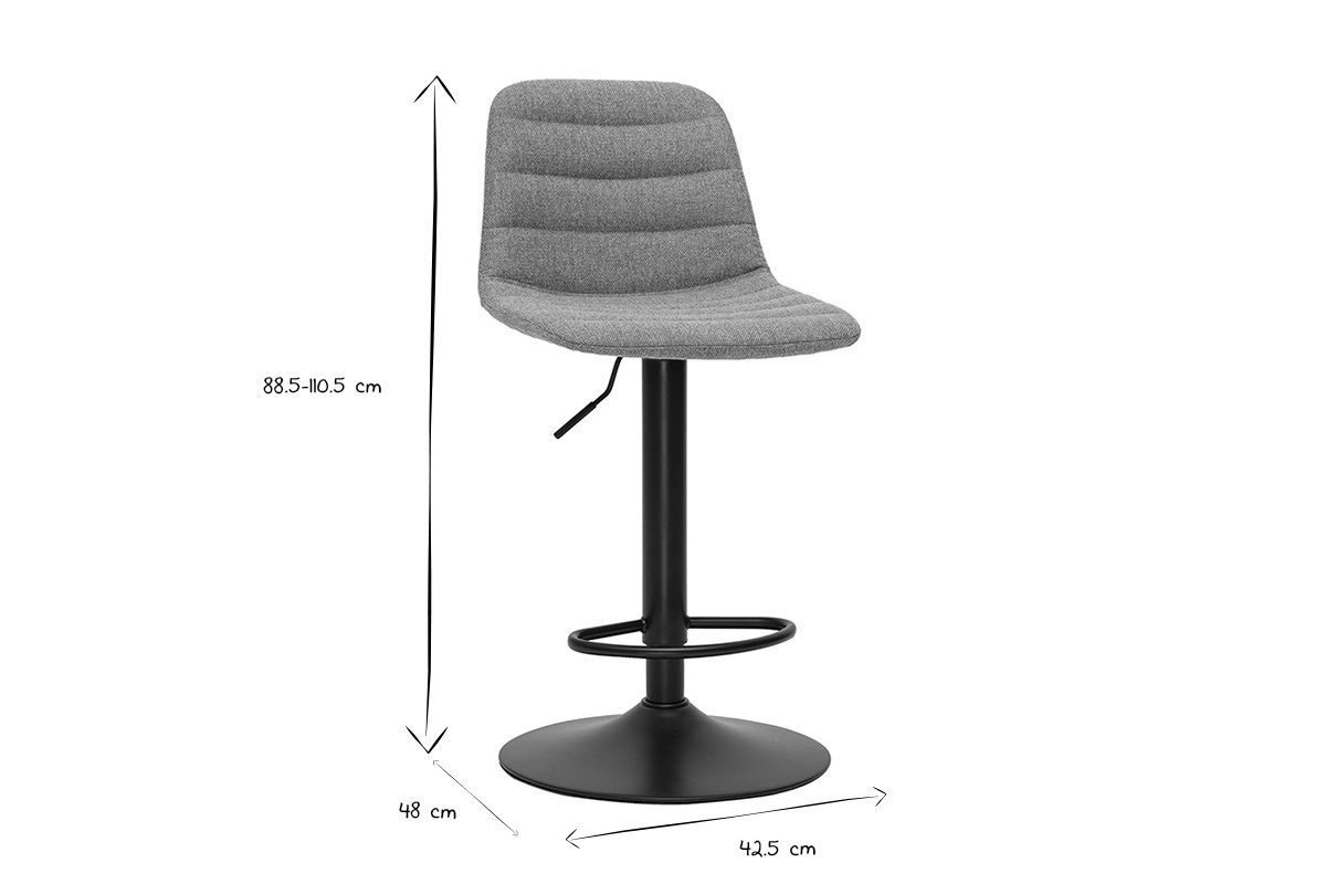 Dimensions du tabouret de bar r�glable, 88,5-110,5 cm hauteur, 48 cm largeur, en noir et blanc.