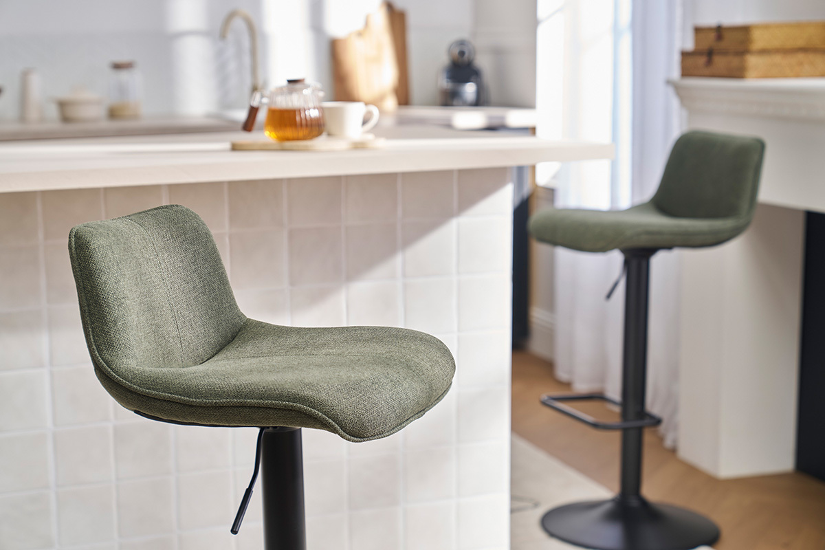 Tabourets de bar r�glables pivotants 360� en tissu vert kaki et m�tal noir (lot de 2) BOOST