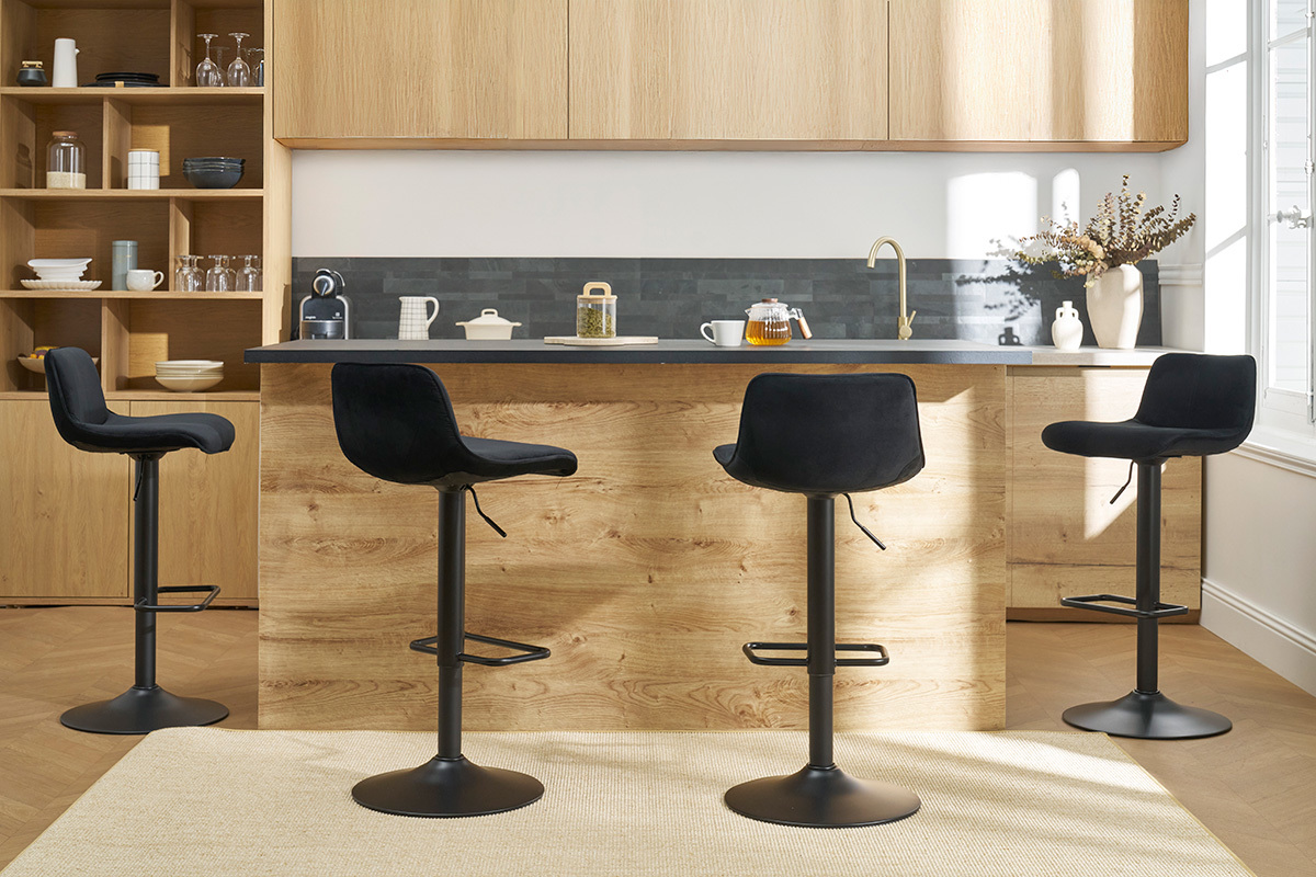 Tabourets de bar r�glables pivotants 360� noirs en tissu velours et m�tal (lot de 2) BOOST