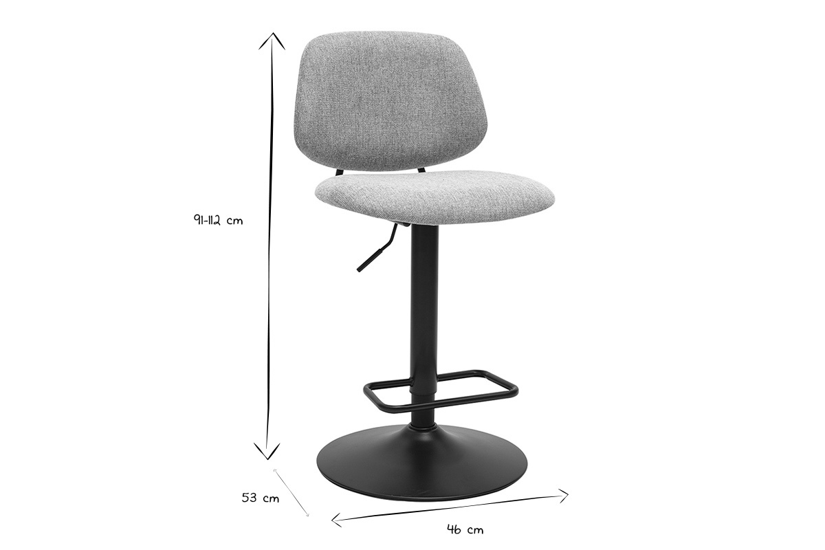 Dimensions d'un tabouret de bar : hauteur 91-112 cm, largeur 53 cm, profondeur 46 cm, en noir et blanc.