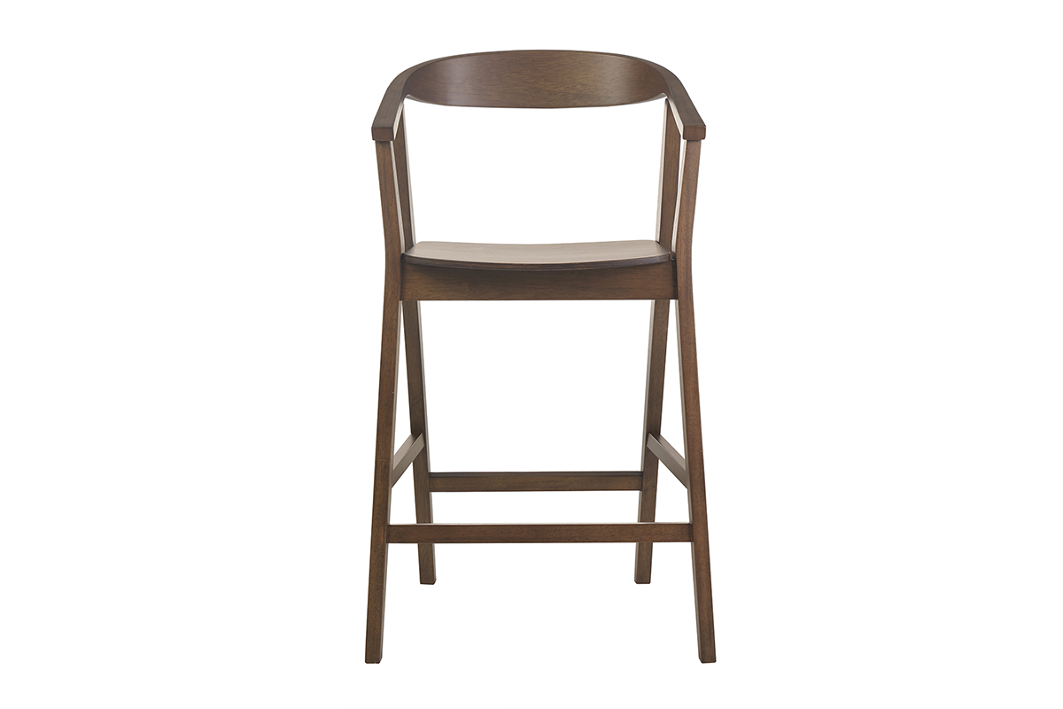 Tabouret de bar scandinave en bois fonc� vu de face, avec dossier et accoudoirs.