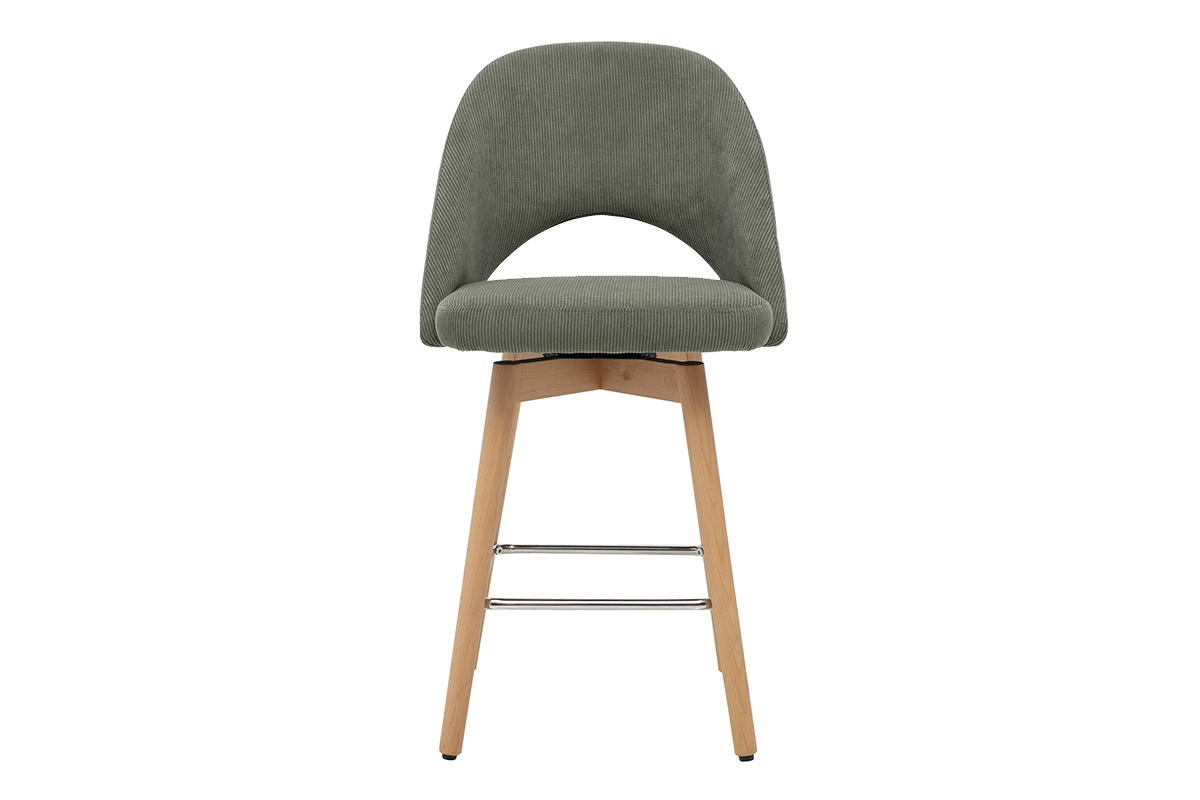 Tabouret de bar scandinave en velours c�tel� vert kaki, vue de face.