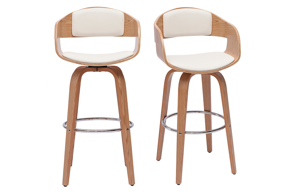 Deux tabourets de bar scandinaves pivotants en bois clair et polyur�thane blanc, vue de face.