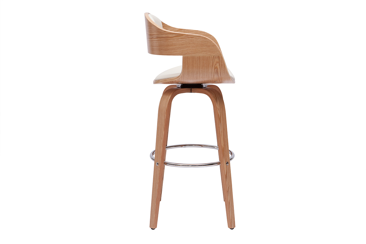 Tabouret de bar scandinave en bois clair, vue de profil.