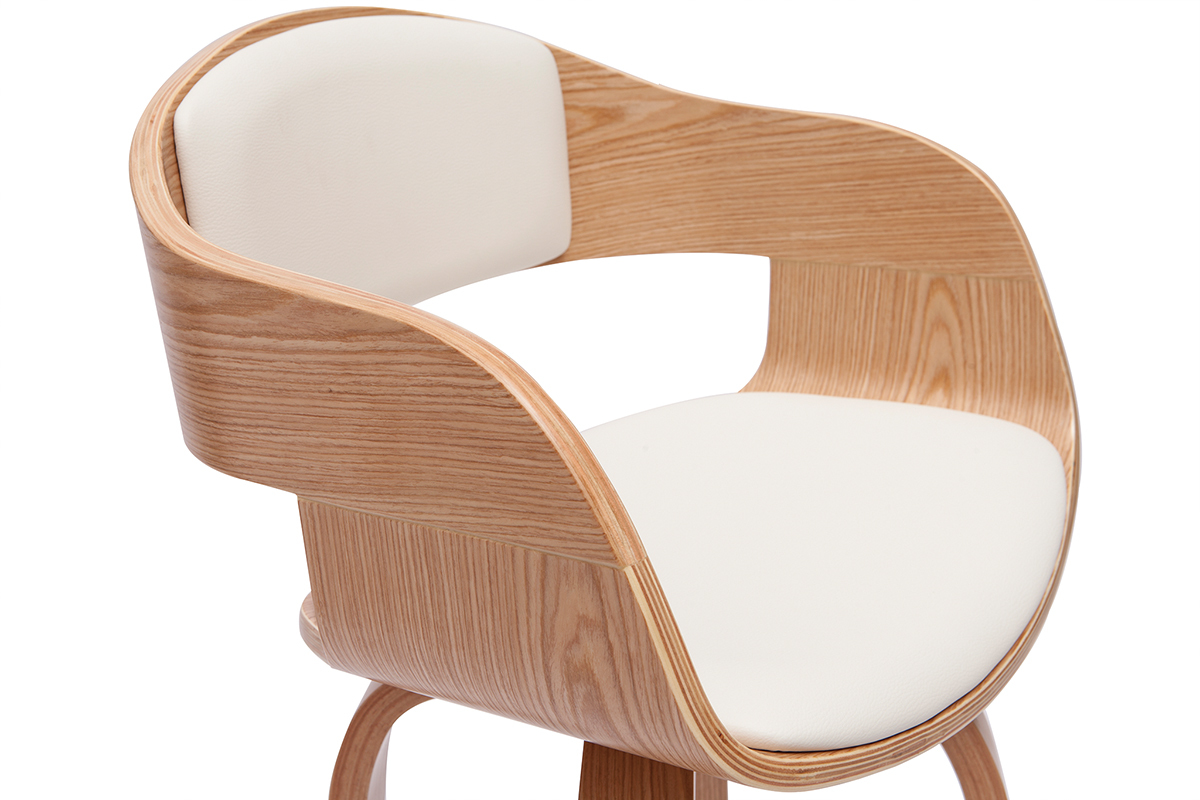 Tabouret de bar scandinave, bois clair, si�ge et dossier blancs, vue de profil.