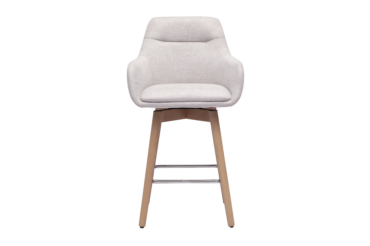 Tabouret de bar scandinave beige en tissu et bois vu de face.